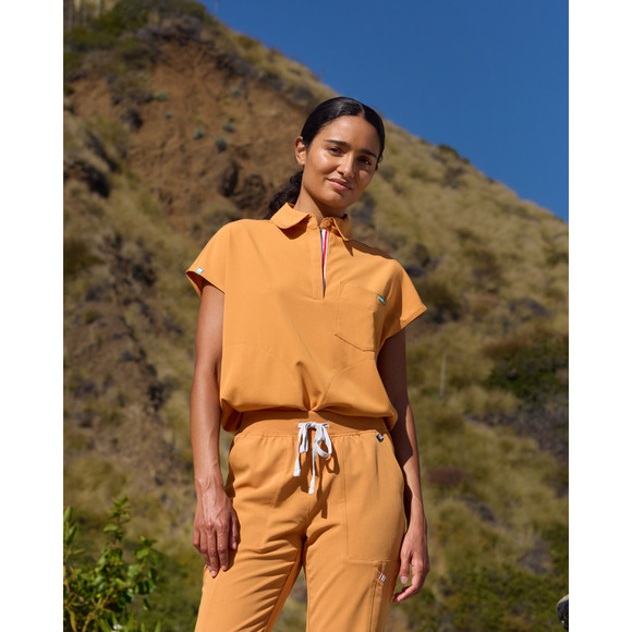 Mediclo Scrub Top Polo Collar Sz L Performance Fabric 2-Button Placket Stripe - Picture 11 of 11